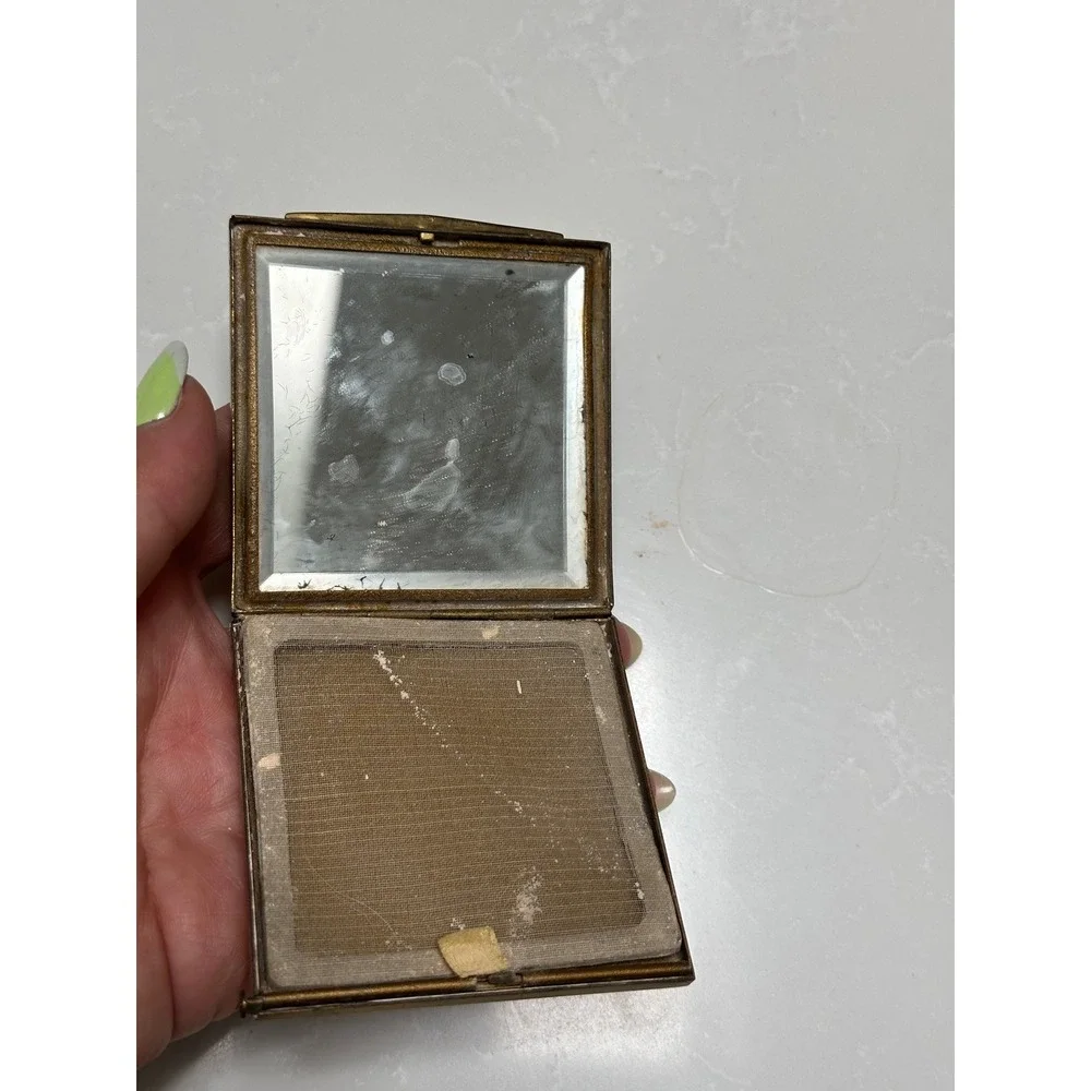 Vintage 1940s Map of France Compact Brass Mirror Powder Sifter European Souvenir